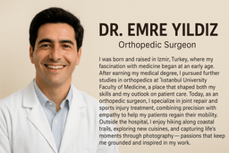 I was born and raised in Izmir, Turkey, where my fascination with medicine began at an early age. After earning my medical degree, I pursued further studies in orthopedics at the Istanbul University Faculty of Medicine, a place that shaped both my skills and my outlook on patient care. Today, as an orthopedic surgeon, I specialize in joint repair and sports injury treatment, combining precision with empathy to help my patients regain their mobility. Outside the hospital, I enjoy hiking along coastal trails, exploring new cuisines, and capturing life’s moments through photography — passions that keep me grounded and inspired in my work.
