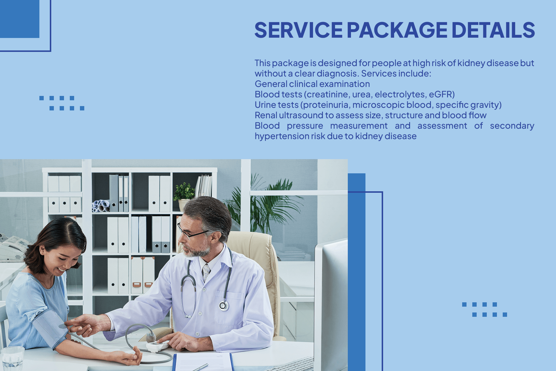 In-depth examination package on kidney function and kidney-related hypertension